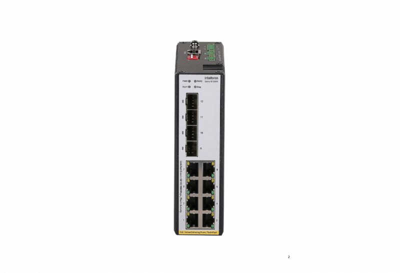 Switch Ethernet Industrial 8 Portas Giga, projetado para ambientes severos e ampla temperatura operacional.