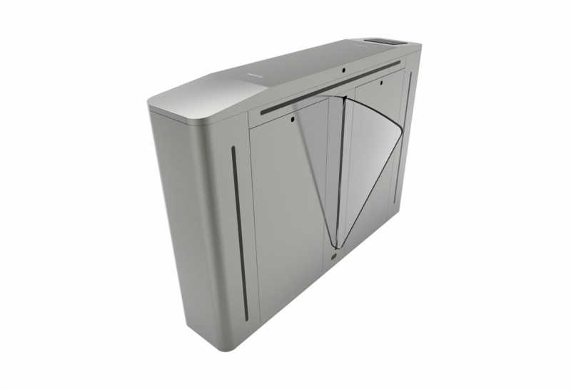 Catraca Flap CAF7000 LM com Urna Coletora (UC). Com flaps de alta velocidade, a catraca flap permite o fluxo de até 35 pessoas por minuto.