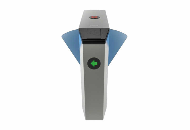 Catraca motorizada com abertura bidirecional, flap em polímero de alta resistência e entrada de contato seco compatível com a maioria dos sistemas de controle de acesso.
