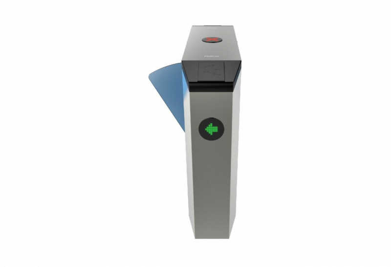 Catraca motorizada com abertura bidirecional, flap em polímero de alta resistência e entrada de contato seco compatível com a maioria dos sistemas de controle de acesso.