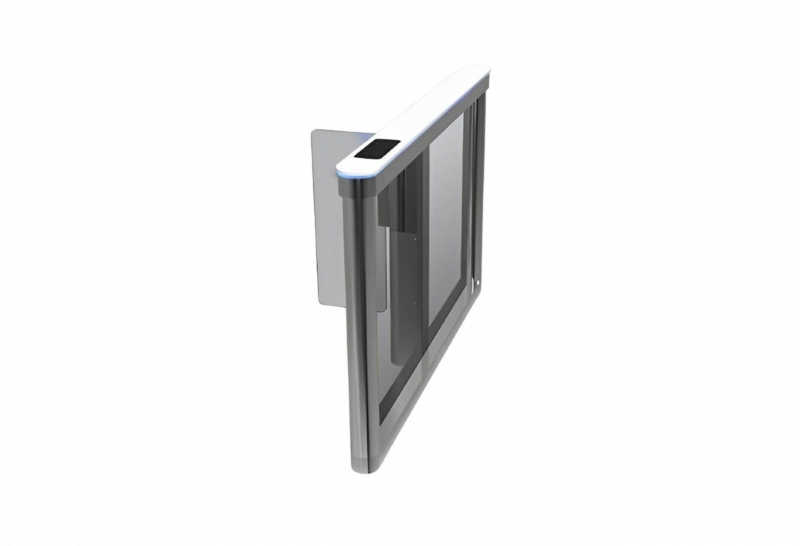 Catraca Gate 9000 M Lateral Intelbras, possui portas que abrem em alta velocidade, acabamento em mármore sintético branco, sentido bidirecional, uso em ambientes internos cobertos.