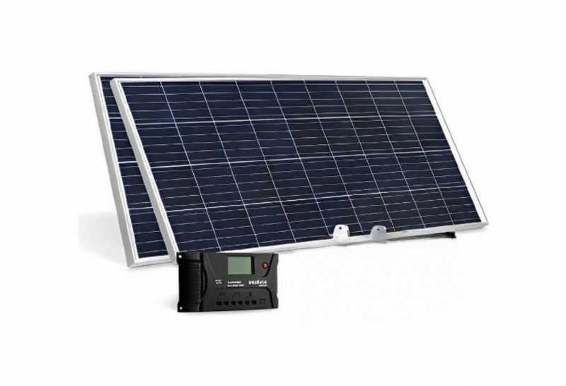 Gerador Fotovoltaico composto por módulo, controlador de carga, cabos e conectores certificados pelo INMETRO.