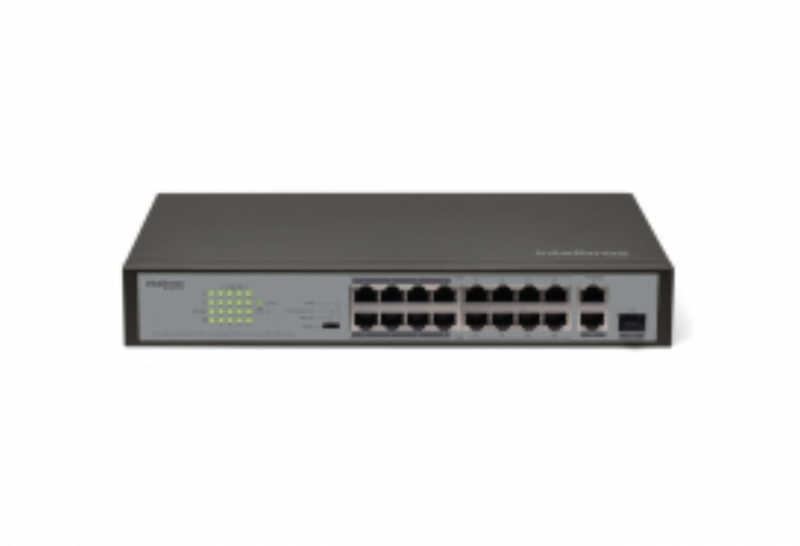 O SF 1821 PoE possui 16 portas Fast Ethernet com suporte à função PoE e 2 portas Gigabit uplink com 1 Mini-GBIC/SFP combo.