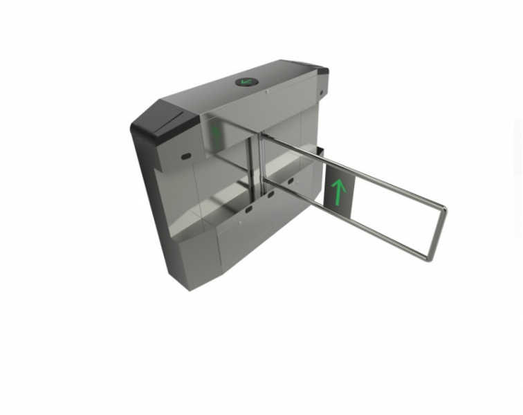 Catraca motorizada para ambientes com circulação de pessoas portadoras de necessidades especiais. Abertura bidirecional, entrada de pânico e abertura automática em caso de emergência.