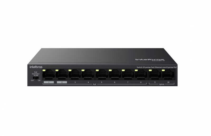 O S1010F-P possui 10 portas fast ethernet, sendo 8 portas PoE e 2 portas Uplink. Ideal para aplicações de CFTV IP.