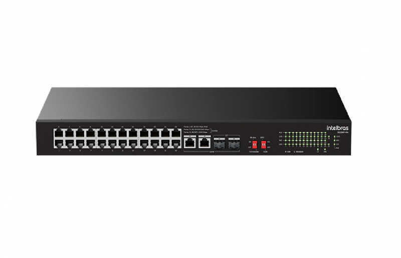 Conta com 24 portas Fast Ethernet PoE e 4 portas Uplink Gigabit, sendo 2 delas SFP combo, sendo ideal para projetos de CFTV IP.