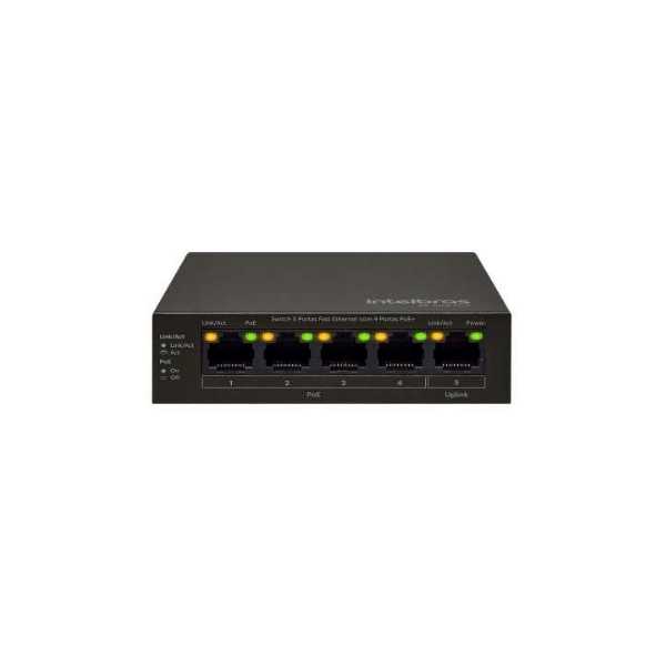 O SF 500 PoE possui 5 portas Fast Ethernet, sendo 4 delas com suporte à função PoE e 1 exclusiva para uplink.