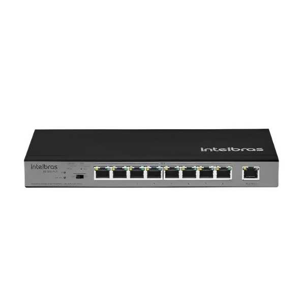 O SF 900 PoE possui 9 portas Fast Ethernet, sendo 8 delas com suporte à função PoE e 1 exclusiva para uplink.